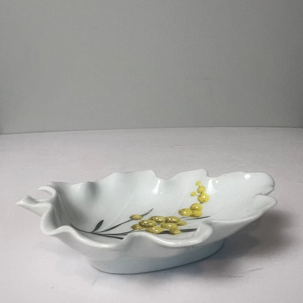 Chamart Limoges Trinket Dish VTG Scalloped Candy Yellow Leaf Floral French Decor